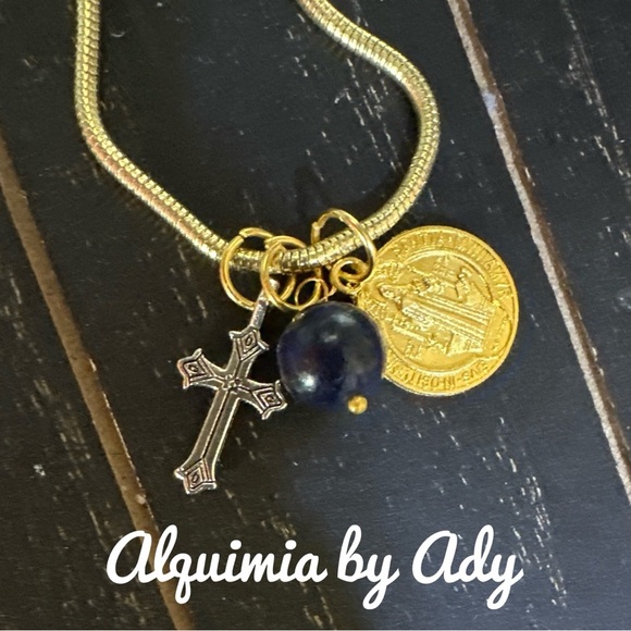 Gold and Blue Charm Necklace with Cross and Coin - Picture 1 of 2